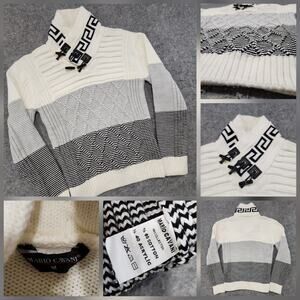 Mario Cavani Mens M Medium Cotton Blend Cable Knit Shawl‎ Toggle Collar Sweater